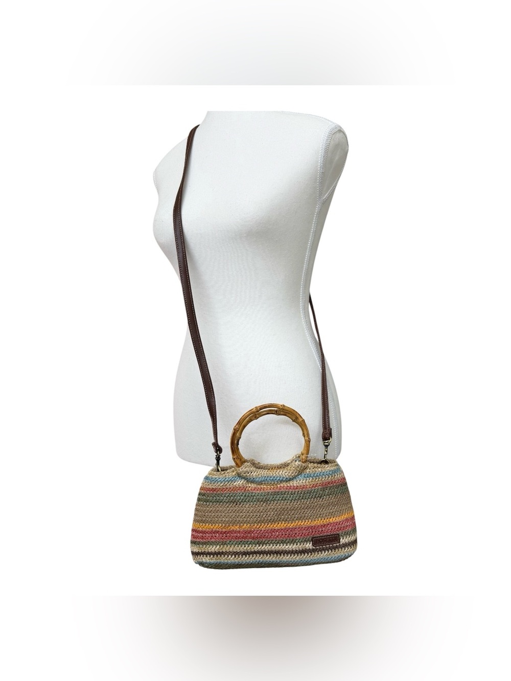 Rosetti Woven Multicolor Striped Straw Crossbody Handbag Purse Bamboo Handles
